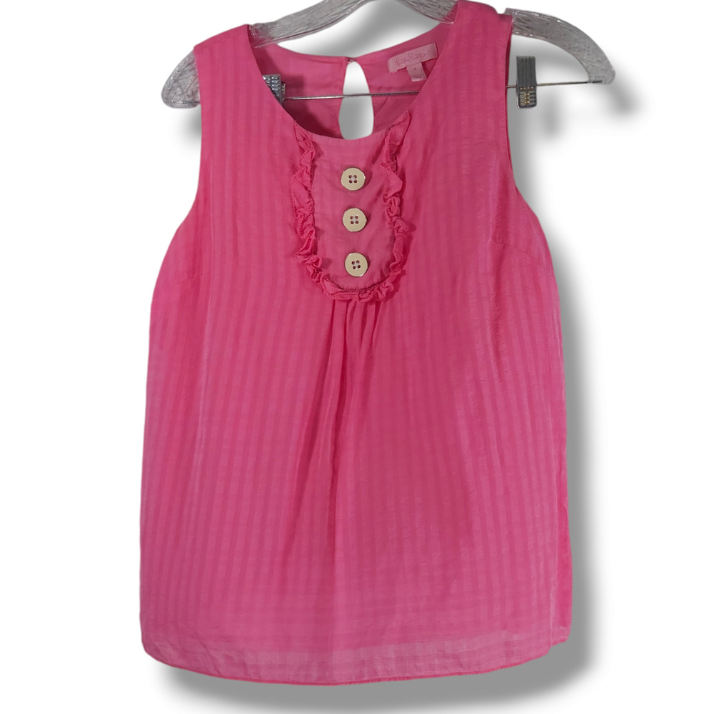 Lilly Pulitzer Silk Cotton‎ Ruffle Button Front Keyhole Sleeveless Blouse Pink 2